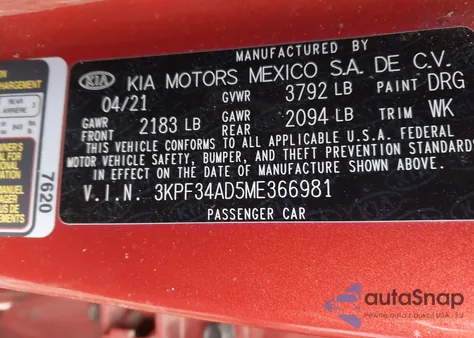 2021 Kia Forte Gt-Line from USA, damaged, VIN 3KPF34AD5ME366981